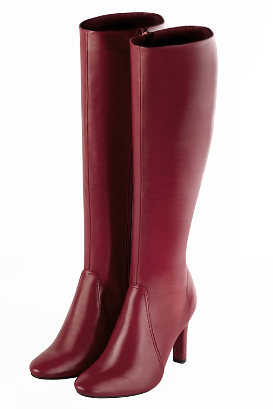 Cardinal red women's feminine knee-high boots. Round toe. High kitten heels. Made to measure. Front view - Florence KOOIJMAN
